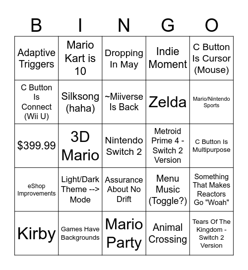 Nintendo Switch 2 Direct Bingo Card
