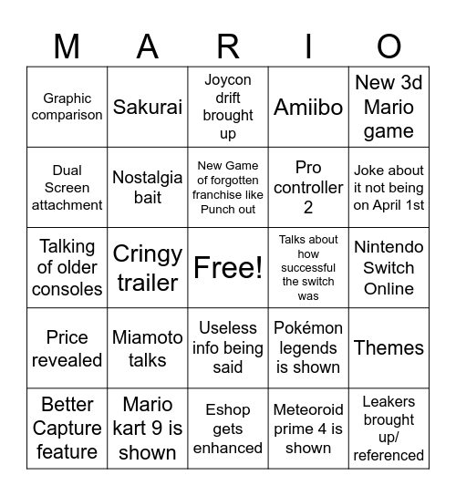 Nintendo Bingo Card