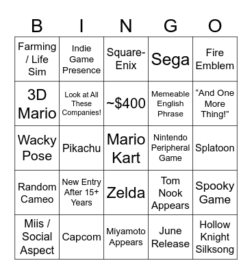 Nintendo Direct Bingo Card
