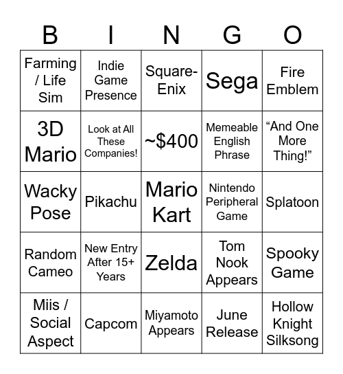 Nintendo Direct Bingo Card