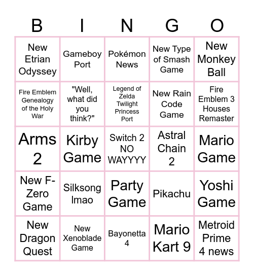 Nintendeez Switch 2 :3 Bingo Card
