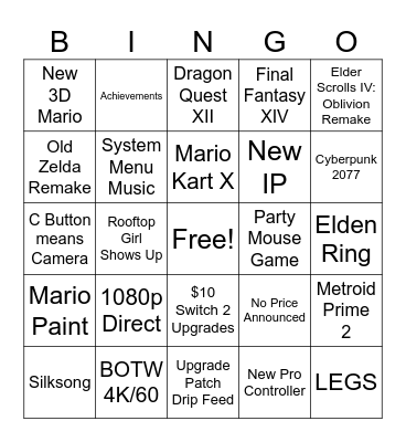 Nintendo Direct Bingo Card