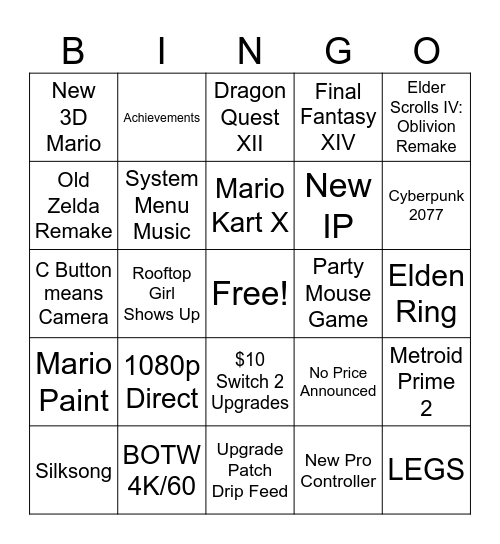 Nintendo Direct Bingo Card