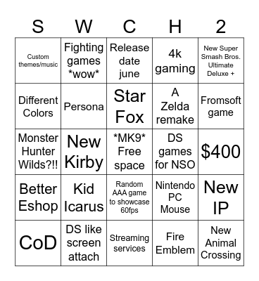 Nintendo Direct 4/2 Bingo Card
