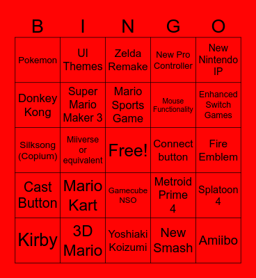 Nintendo Switch 2 Direct Bingo Card