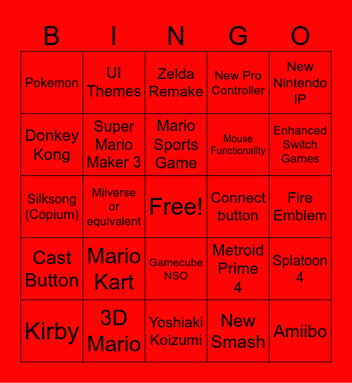 Nintendo Switch 2 Direct Bingo Card