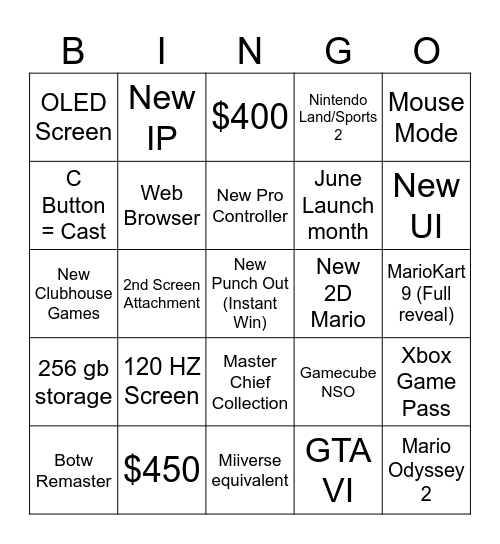 Switch 2 Bingo Card