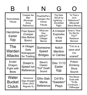 Minecraft bingo Card