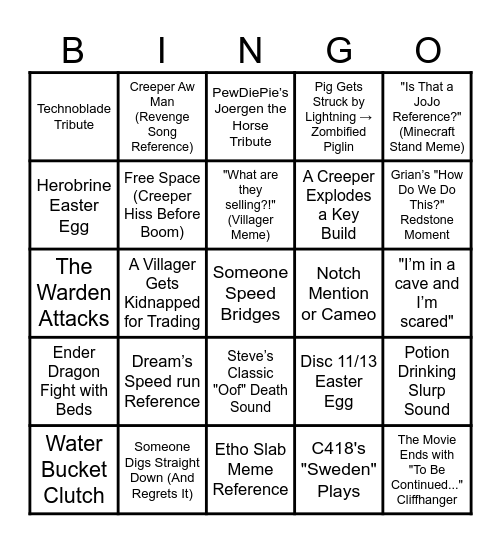 Minecraft bingo Card