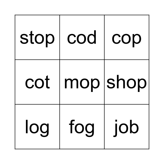 Short Vowel O Bingo Card