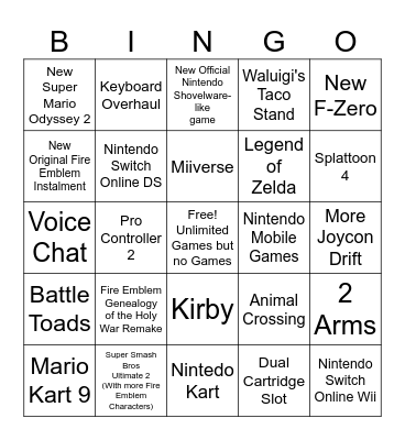 Nintendo Switch 2 Direct Bingo Card