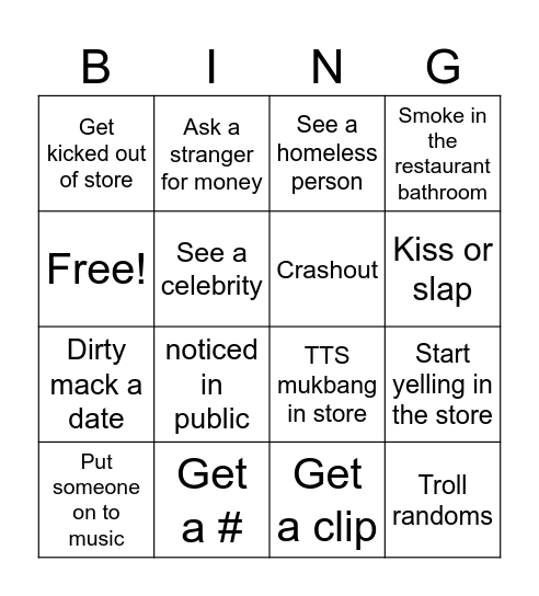 IRL bingo Card