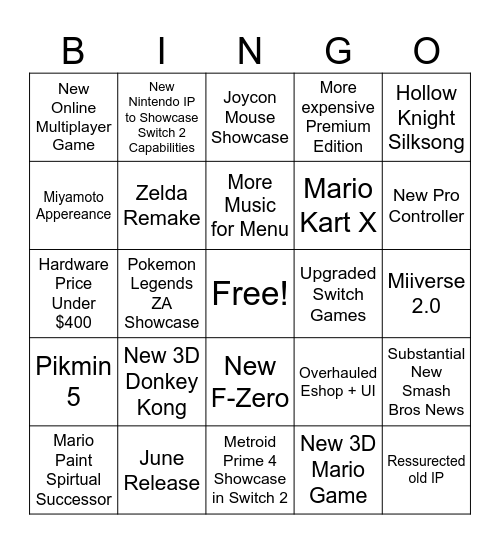 Switch 2 Direct Bingo Card