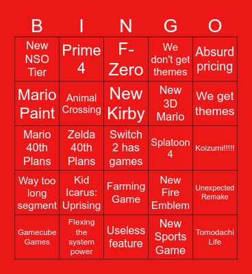 Switch 2 Bingo Card