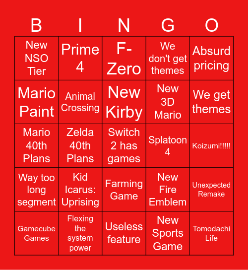 Switch 2 Bingo Card
