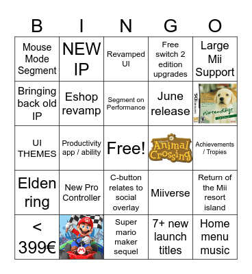 Nintendo Direct Bingo Card