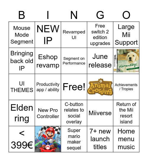 Nintendo Direct Bingo Card