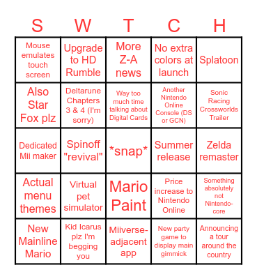 Switch 2!! Bingo Card