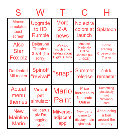 Switch 2!! Bingo Card