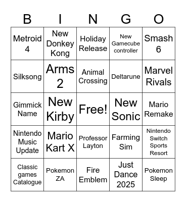 Nintendo Bingo Card