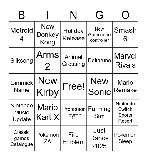 Nintendo Bingo Card