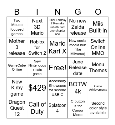 Nintendo Switch 2 Direct Bingo Card