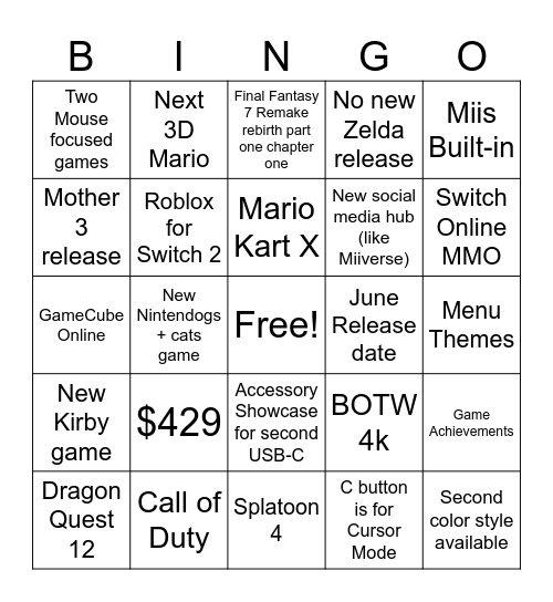 Nintendo Switch 2 Direct Bingo Card