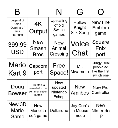 Nintendo Switch 2 Direct Bingo Card