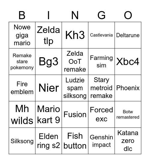 Nintendo D. Bingo Card