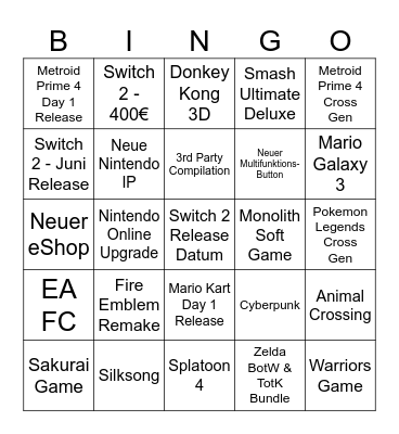 Switch 2 Bingo Card