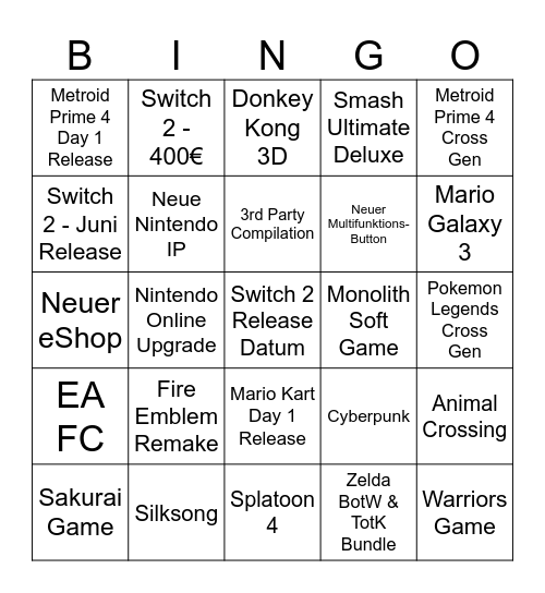 Switch 2 Bingo Card