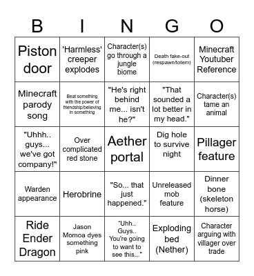 Minecraft Movie Bingo Card