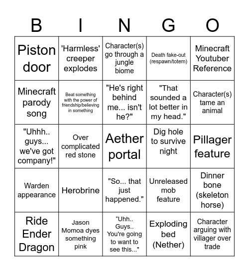 Minecraft Movie Bingo Card