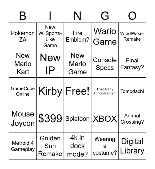 Nicole's Switch 2 Bingo Card