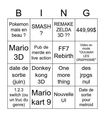 Nintendo Direct Bingo Card