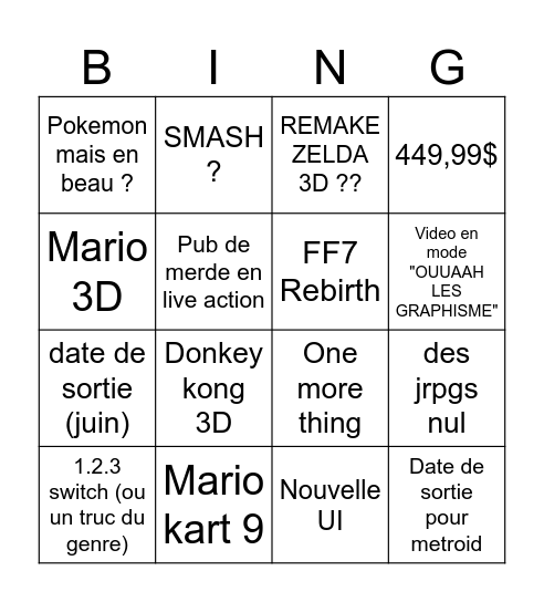 Nintendo Direct Bingo Card