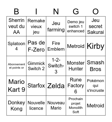 Nintendo Direct Bingo Card
