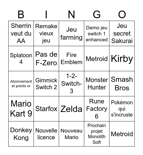 Nintendo Direct Bingo Card