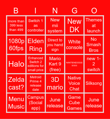 Switch 2 Bingo Card