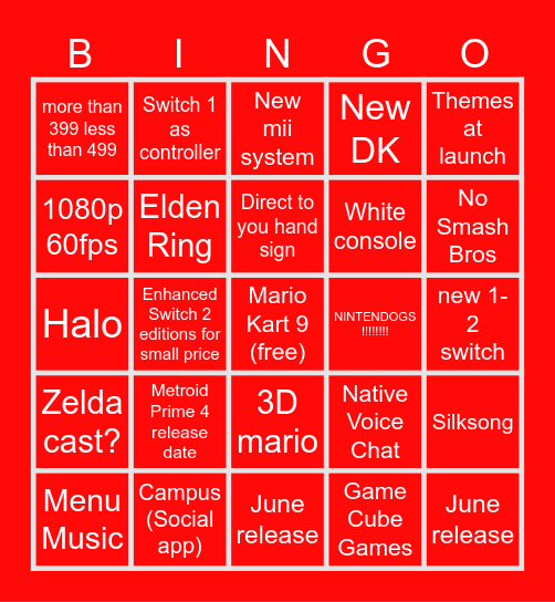 Switch 2 Bingo Card