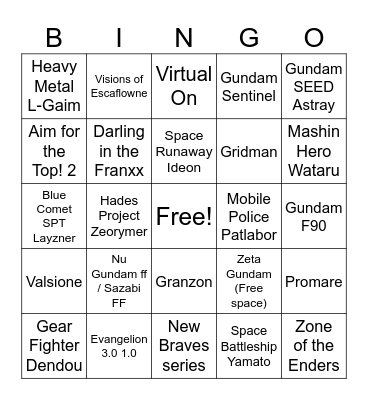 Super Robot Wars Y Bingo Card