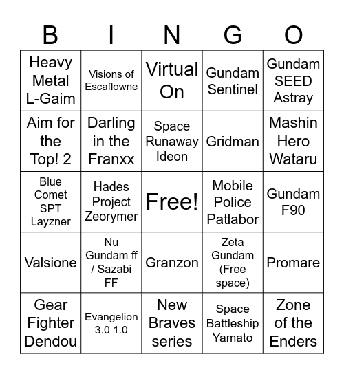 Super Robot Wars Y Bingo Card