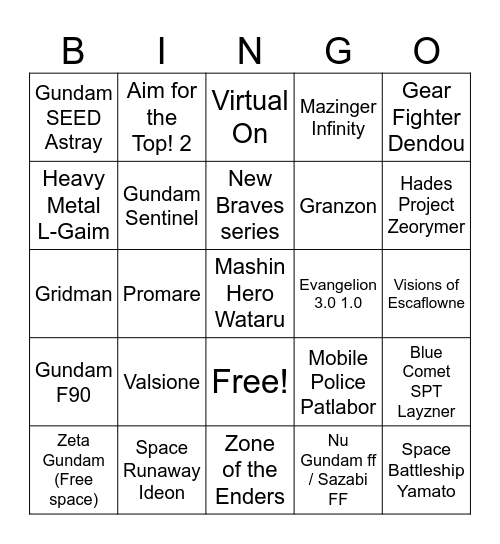 Super Robot Wars Y Bingo Card