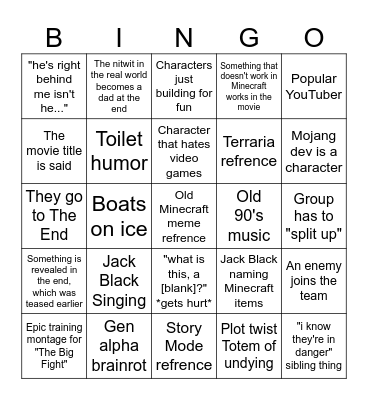 A Minecraft Movie bingo card Bingo Card