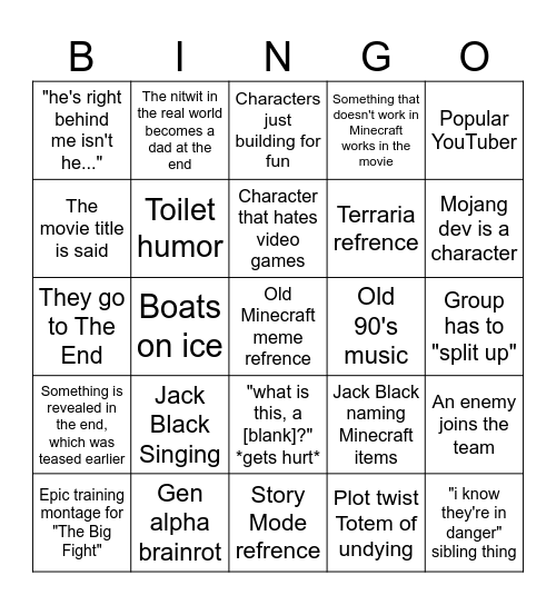 A Minecraft Movie bingo card Bingo Card