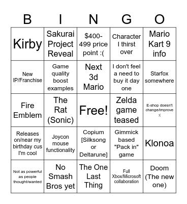 Nintendo Switch 2 Direct Bingo Card