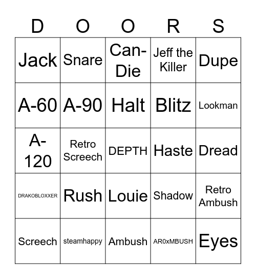 DOORS Entity Deaths/Encounters Bingo Card