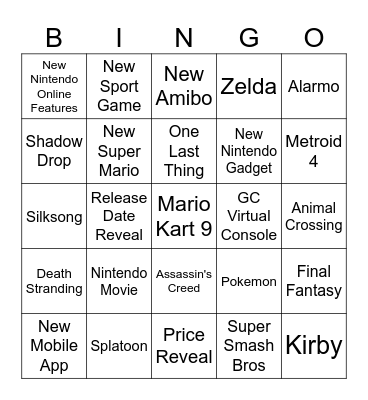 Nintendo Switch 2 Presentation Bingo Card