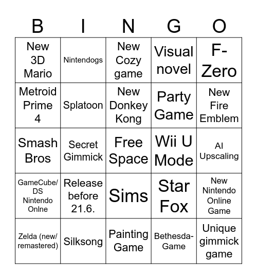 Nintendo Switch 2 Direct Bingo Card