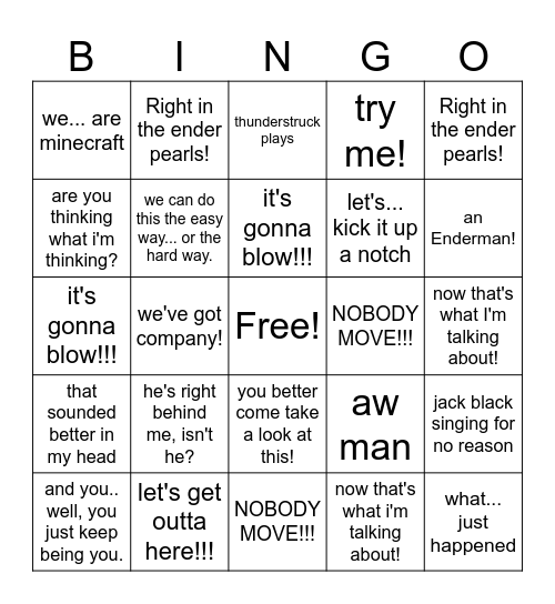 Minecraft movie bingo Card